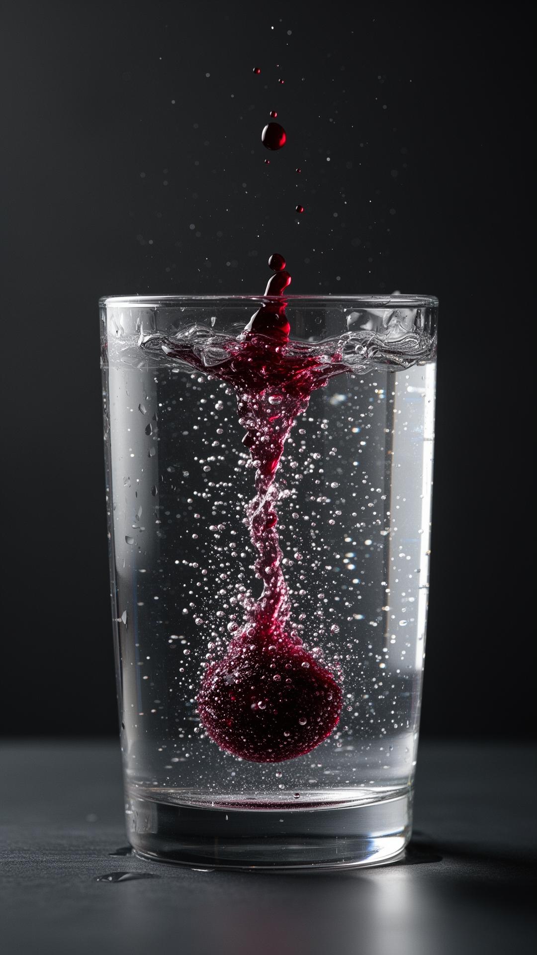 A drop of SHRB concentrate dispersing into sparkling water